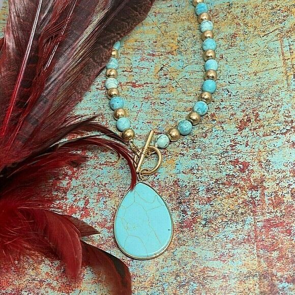 Teal Blue green gold Jasper Fall Necklace Beaded - Picture 5 of 12